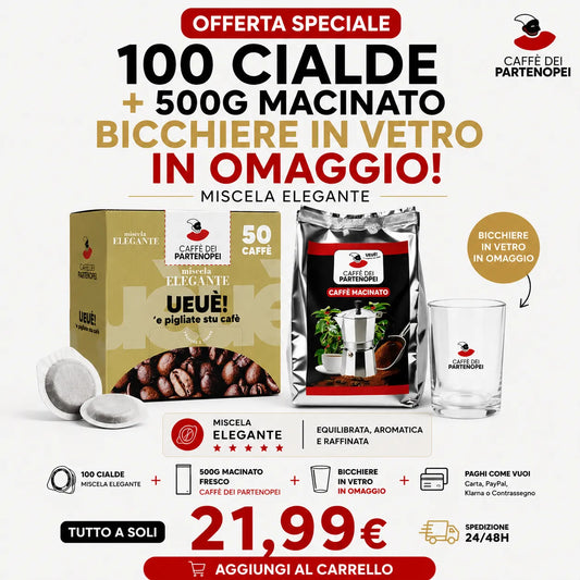 100 Cialde Miscela ELEGANTE + 500 Grammi di Caffè Macinato + Bicchiere in Omaggio